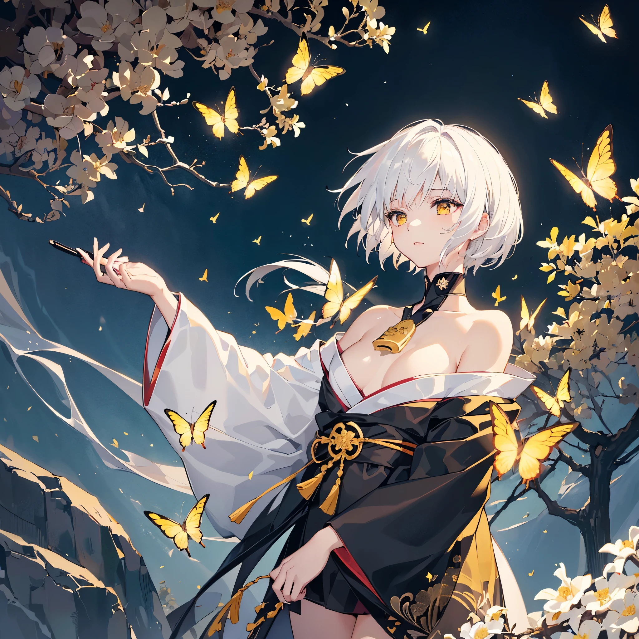 ((high resolution　White Hair　Short Hair　Black kimono　Black band　Military commander　Lonely　despair))　((Yellow butterfly　night　Japanese style　Shoulder　chest　old　Shining Aura　garden　water surface))　(Dance　Blade of Darkness　Holding a sword　Slashing)　moon　star　Draw your sword　Slashing　Catch the wind　