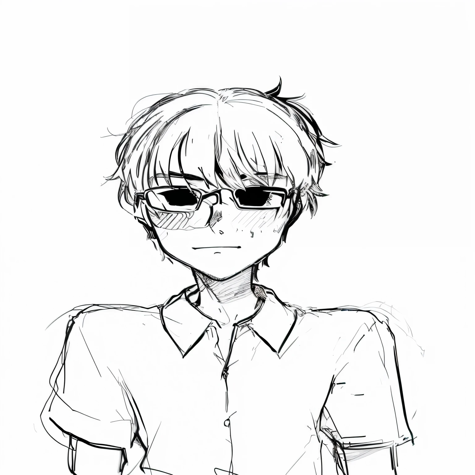 Drawing of a person wearing glasses and a shirt, flat anime style shading, anime shading), in anime style, anime boy, Semi-realistic anime style, male style anime, half body portrait, anime figure, anime face soft and detailed, 2D anime style, His manga pictures, in anime style, Anime faces in detail