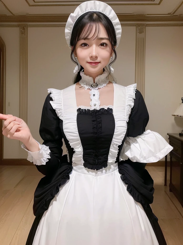 (((highest quality, Flying debris, Ultra-high resolution、The most complex and detailed depiction、Awards, 8k、明るくwonderfulな)))、(1. A beautiful 45-year-old mature maid full of maternal love:1.3)、(Maternal maid:1.2)、(Wrinkled face:1.2)、(Wrinkles around the eyes:1.2)、(Nasolabial folds:1.2)、(1. The beautiful and most prestigious court lady)、(Accurate anatomy:1.3)、(Very cheerful maid :1.2)、(The most gorgeous Victorian maid dress rack and luxurious long skirt white and black maid outfits、Top quality giant black and white maid costume、Dress rack and white maid Dress rack and white maid Black and white maid outfit with small apron on dress)、((The most luxurious victorian room background、Royal Luxury Room、royal palace&#39;Top-class bedrooms、wonderful、Very atmospheric lighting、Very gorgeous、Extravagance beyond imagination、A bedroom decorated with many ornaments,、Highly intricate and detailed background、Highly intricate and detailed textures))、(Look at me and smile、The happiest smile、Accentuate your body lines、Big and ample breasts)