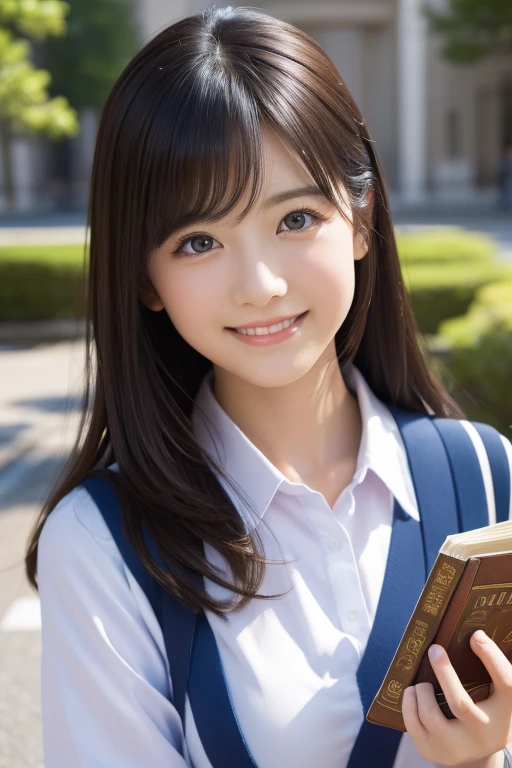 (highest quality、超A high resolution、8k、Raw photo、Ultra-high resolution:1.2、masterpiece:1.2)、(Realistic、Photorealistic:1.37)、Ultra-detailed、Professional Lighting、Photon Mapping、Radio City、Physically Based Rendering、Japanese、1 girl、solo、Black Hair、cute little、wonderful、cute、smile、Normal breasts、Looking at the camera、A library full of books、Japanese High