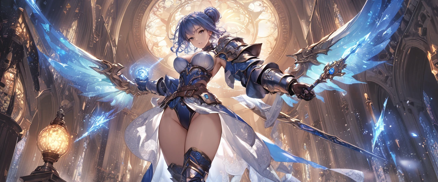 8k_wallpaper, extremely detailed eyes, extremely detailed body, (large masterpiece digital art), (detailed manga illustration), (detailed line art), ((perfect anatomy)), (intricate details:1.3), (ultra-detailed:1.3), (illustration:1.3), (sharp focus:1.3), (natural lighting:1.05), (vivid colors:1.3), (masterpiece), best quality, expressive eyes, perfect face, 1 girl, breasts, gloves, large breasts, {blue hair}, medium hair, wavy hair, (gray eyes), hourglass physique, huge ass, dynamic pose, dynamic lighting, fur trim, hair bun, glowing, crystal, delicate\(armor\), armor, full armor, cuisses, shoulder armor, belt, hand guard, boots, glove, particles stream, creationmagic, ethereal creation, Magic Circle, glowing, crystal, jim lee, beautiful esd_woman, hair bun, fur trim, jewelry, crystal, wild energy,