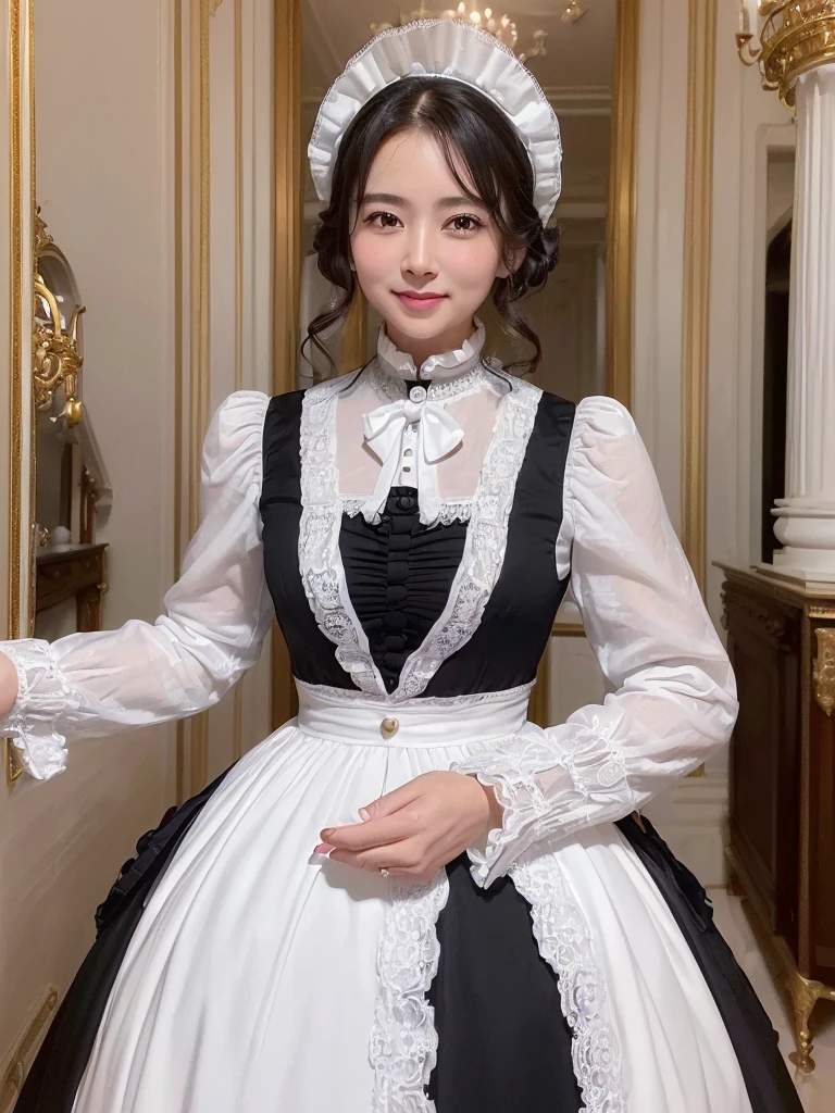 (((highest quality, Flying debris, Ultra-high resolution、The most complex and detailed depiction、Awards, 8k、明るくwonderfulな)))、(1. A beautiful 45-year-old mature maid full of maternal love:1.3)、(Maternal maid:1.2)、(Wrinkled face:1.2)、(Wrinkles around the eyes:1.2)、(Nasolabial folds:1.2)、(1. The beautiful and most prestigious court lady)、(Accurate anatomy:1.3)、(Very cheerful maid :1.2)、(The most gorgeous Victorian maid dress rack and luxurious long skirt white and black maid outfits、Top quality giant black and white maid costume、Dress rack and white maid Dress rack and white maid Black and white maid outfit with small apron on dress)、((The most luxurious victorian room background、Royal Luxury Room、royal palace'Top-class bedrooms、wonderful、Very atmospheric lighting、Very gorgeous、Extravagance beyond imagination、A bedroom decorated with many ornaments,、Highly intricate and detailed background、Highly intricate and detailed textures))、(Look at me and smile、The happiest smile、Accentuate your body lines、Big and ample breasts)