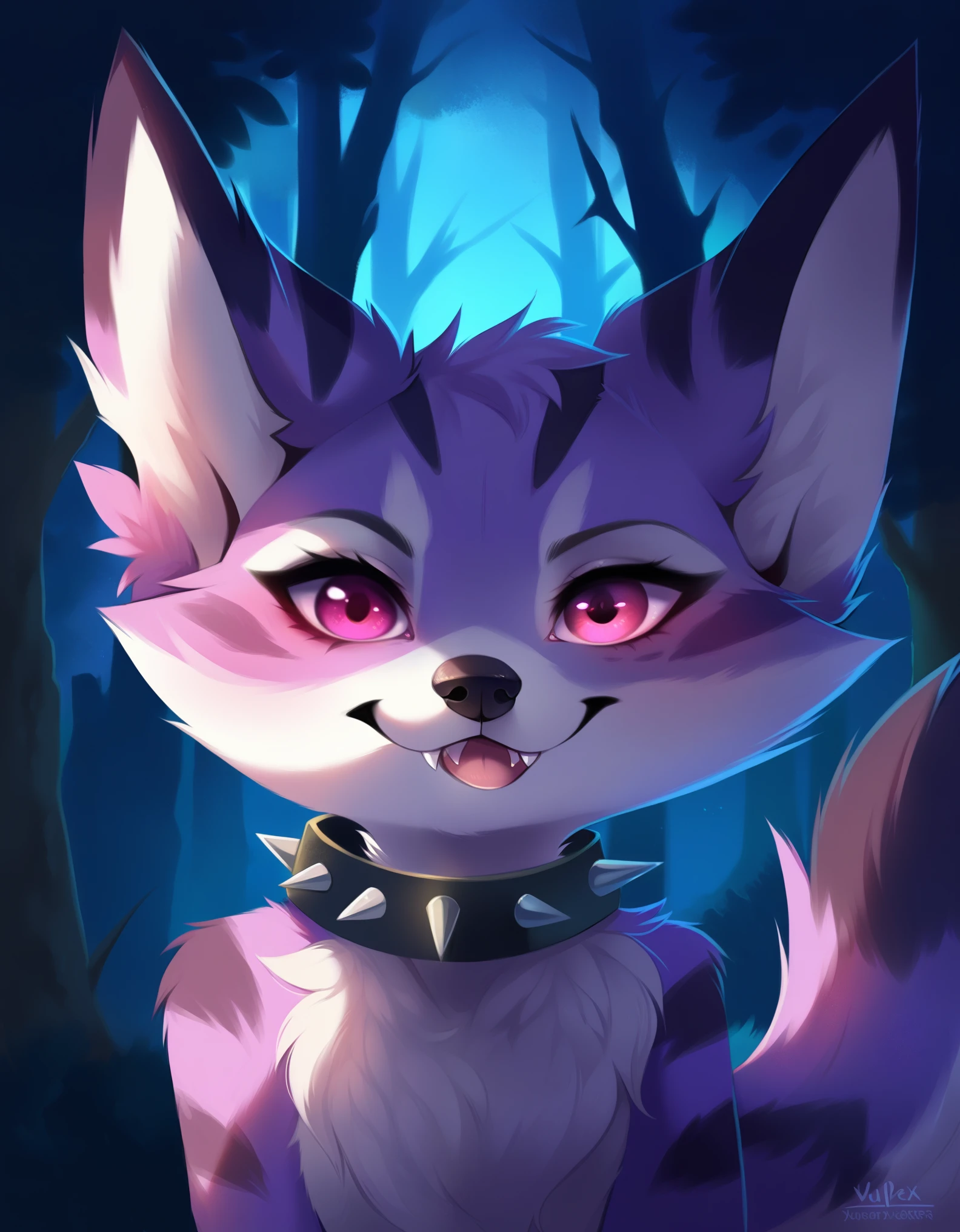 vulpera, female, solo, cute expression, multicolored body, black nose, cute fangs, pink eyes, spiked collar, detailed background, forest, night, front view, grey fur