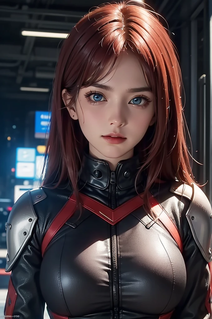 masutepiece, Best Quality, A hyper-realistic, ultra-detailliert, 8K resolution, Raw photo, Sharp Focus, (1girl in), Solo, gorgeous faces, Perfect body, Big Breasts, maturefemale, 25-years old, Portrait, mechs, Red armor, Nanosuit, Sexy, hair messy, Long Hair, Red Hair, Blue Eyes, Cinematic, Cinematic Light, Dark theme, Background with, Miscellaneous science fiction futuristic city