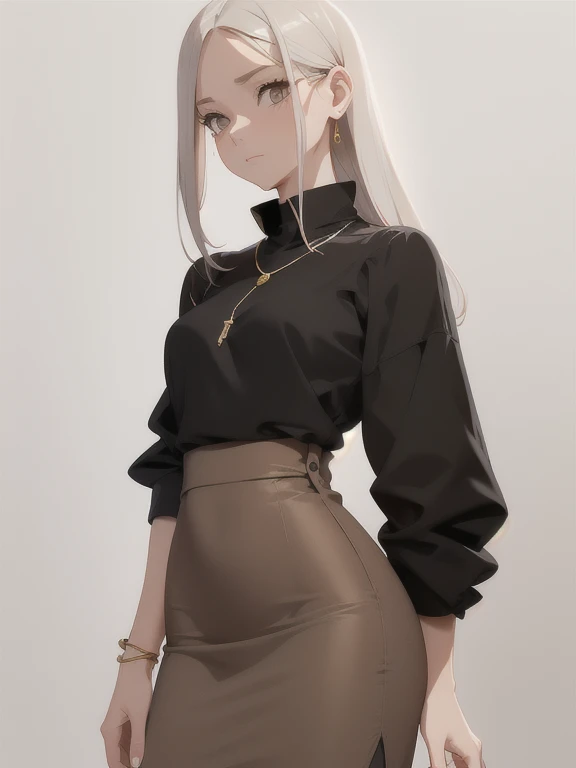 inventar, mascara, limpar, desenhos afiados, silhuetas fluidas, camisa apertada, ((high waist pencil skirts)), simple blouse with buttons, asymmetric, Geometric, Materiais e designs elegantes e luxuosos, simples, minimal accessories, Fine silver or gold necklaces and rings, simples bangles, Designs diferenciados, silhuetas simples, V Profundo, decote, decote, vestido vermelho, loiro platinado, chic and mature print, estilo simples e sofisticado, elegance, Minimalismo, materiais de alta qualidade, cool and urban print, alta moda, seios grandes, Agile, simplicity and sophistication,