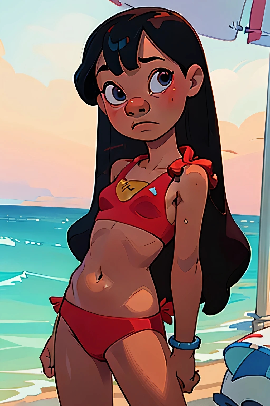 Lilo pelekai, lilo and stitch, long black hair, detailed eyes, high detail, masterpiece, 8k,  at the beach,, ( red bikini),, 