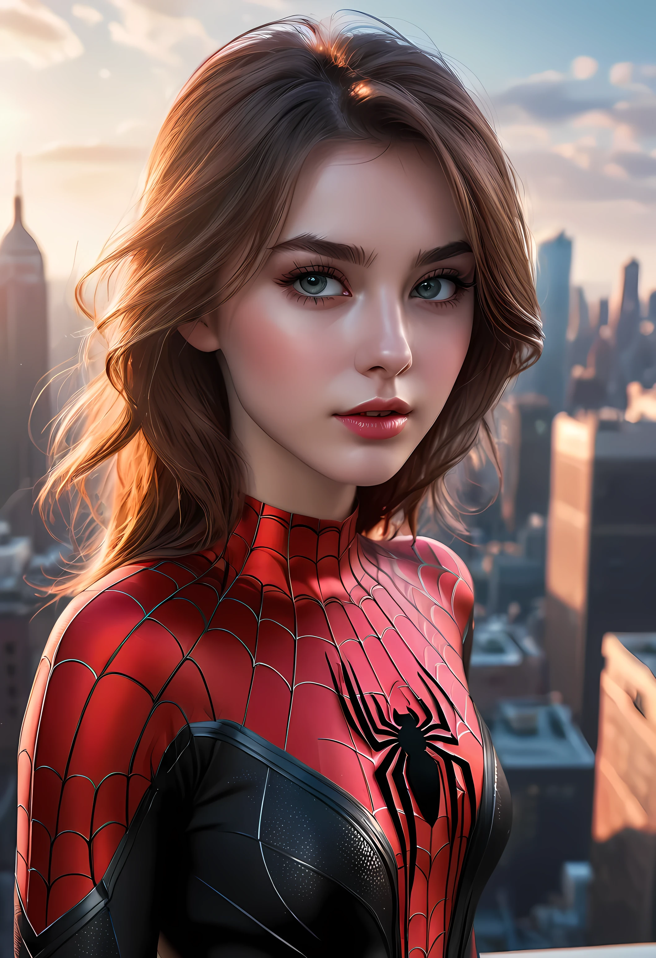 (1girl:1.3), Solo, (((Very detailed face)))), ((Very detailed eyes and face)))), Beautiful detail eyes, Body parts__, Official art, Unified 8k wallpaper, Super detailed, beautiful and beautiful, beautiful, masterpiece, best quality, original, masterpiece, super fine photo, best quality, super high resolution, realistic realism, sunlight, full body portrait, amazing beauty, dynamic pose, delicate face, vibrant eyes, (from the front), She wears Spider-Man suit, red and black color scheme, spider, very detailed city roof background, rooftop, overlooking the city, detailed face, detailed complex busy background, messy, gorgeous, milky white, highly detailed skin, realistic skin details, visible pores, clear focus, volumetric fog, 8k uhd, DSLR, high quality, film grain, fair skin, photo realism, lomography, futuristic dystopian megalopolis, translucent