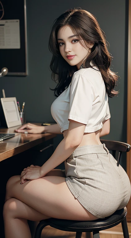 Full body portrait up to the toes, highest quality, Cinematic texture shots, Graceful Face, Beautiful Face, 20-year-old woman, smile, Big Ass, Very high waist, Thick soft thighs, Slim figure, Small breasts, OL Uniform, tight white blouse, Tight mini skirt, Leg spread, sit down, Indoor scene, office, barefoot, front