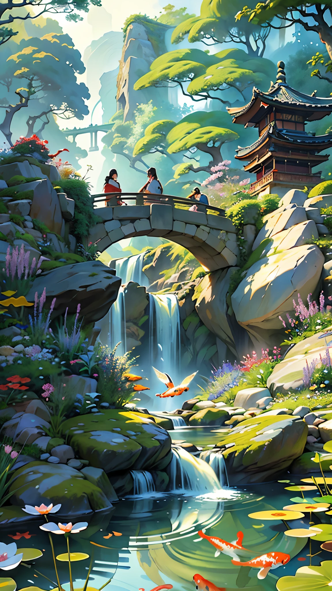 ((masterpiece)), ((best quality)), ((high detail)) digital painting of a serene fantasy garden in spring, no human, with a koi pond, stone bridges, and a variety of fantastical flora and fauna, fantasy spring garden, ukiyo-e style