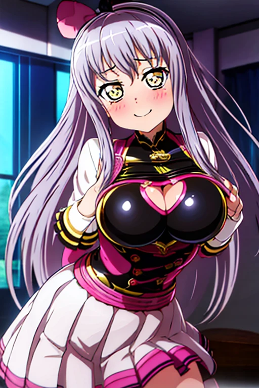 masterpiece, best quality, ultra-detailed, kawaii, cute, lovely, sexy, ero, extremely detailed, 4K, 8K, best quality, beautiful, anime style, in the classroom, a cute girl, latex bodysuit, beautiful eyes, large breast, ahegao ,minato yukina,yellow eyes,grey hair,bang dream!,long hair,lift up skirt,sexy pose,seductive smile,heart-shaped pupils