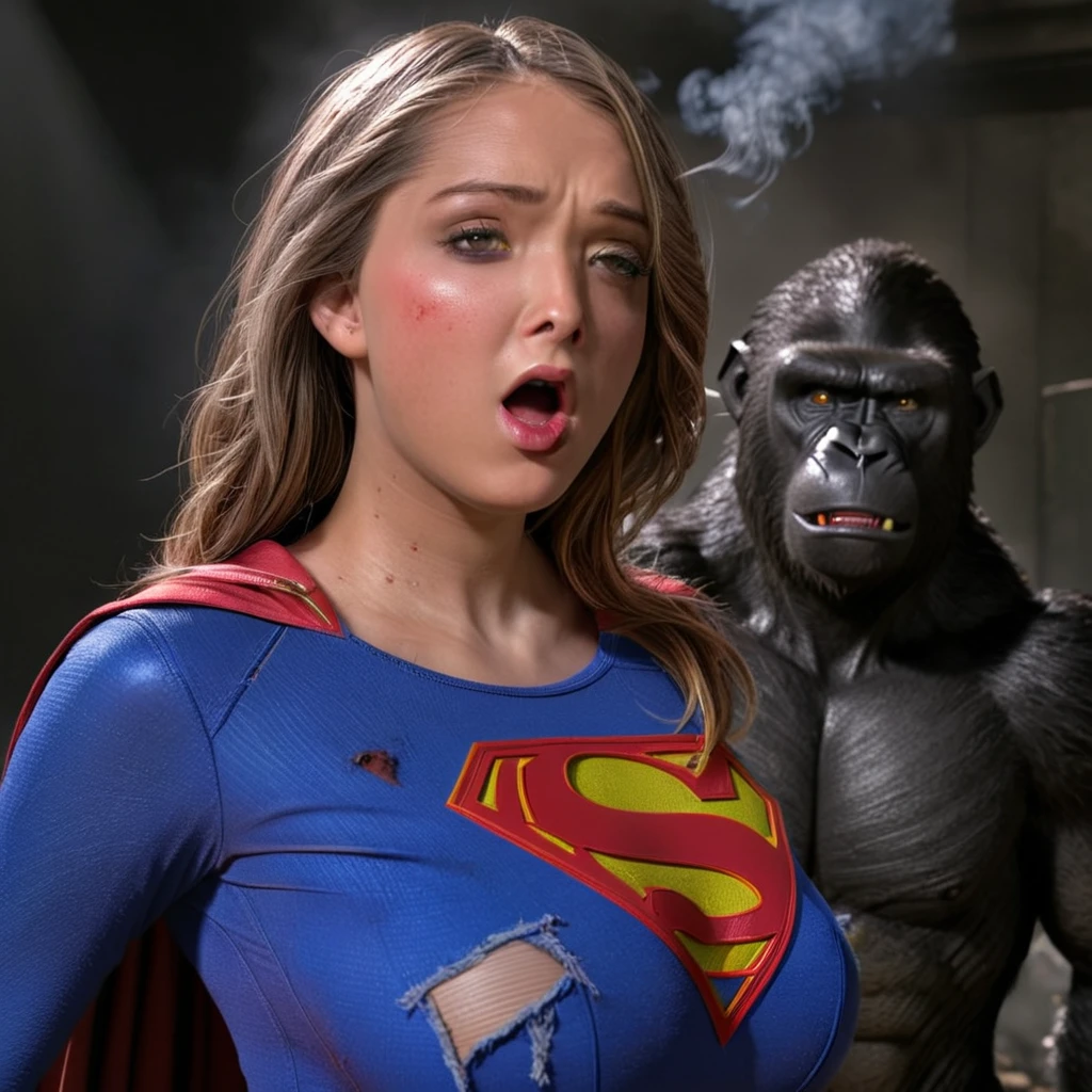 (best quality,4k,highres,masterpiece:1.2),ultra-detailed,realistic,portraits,vivid colors,dramatic lighting,Supergirl,annoyed,tattered uniform,ragged uniform,smoking crater,offended,shocked,alien robot gorilla,rocket (full body shot, show her entire body, head to toe)

Please make sure your output is separated by commas.","Separated。The following is an example for reference：

```
(best quality,4k,highres,masterpiece:1.2),ultra-detailed,realistic,portraits,vivid colors,dramatic lighting,Supergirl,annoyed,tattered uniform,ragged uniform,smoking crater,offended,shocked,alien robot gorilla,rocket  (full body shot, show her entire body, head to toe)
```