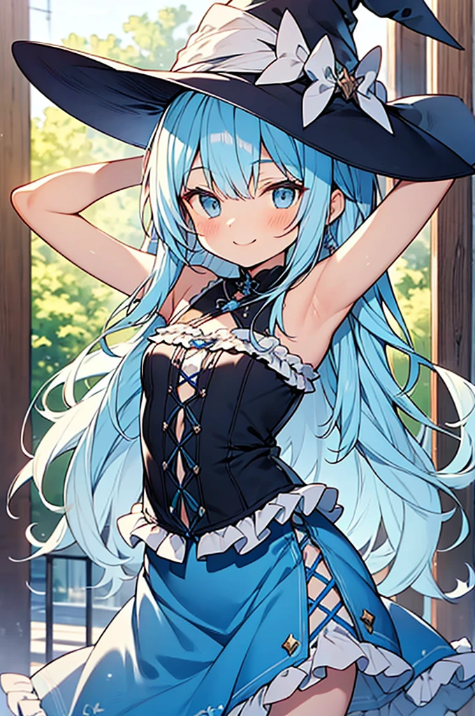 small shota,light blue hair,loose long hair,smile,cowboy shot,summer style light blue witch clothes,
casual tops with (frilly hem),armpit,