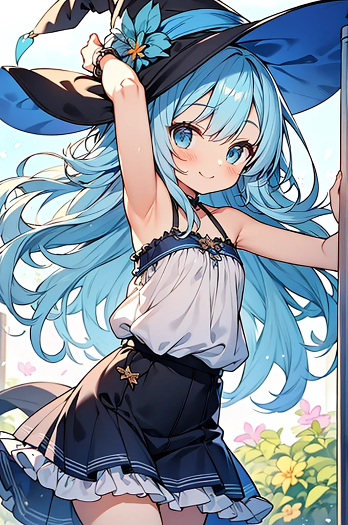 small shota,light blue hair,loose long hair,smile,cowboy shot,summer style light blue witch clothes,
casual tops with (frilly hem),armpit,