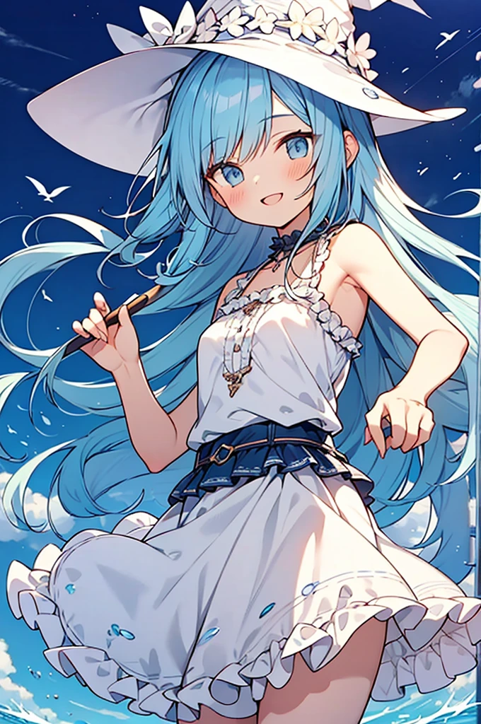 small shota,light blue hair,loose long hair,smile,cowboy shot,summer style light blue witch clothes,
casual tops with (frilly hem),armpit,