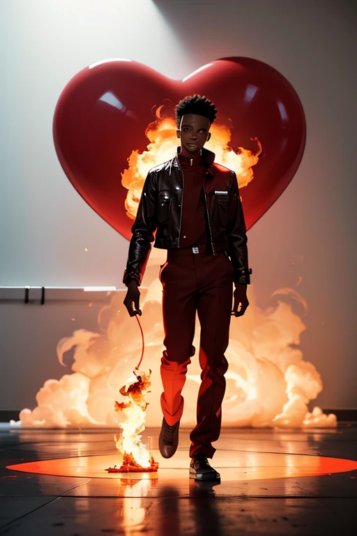 Young black man in red clothes standing on top of a big heart on fire in an empty white room with red smoke on the floor