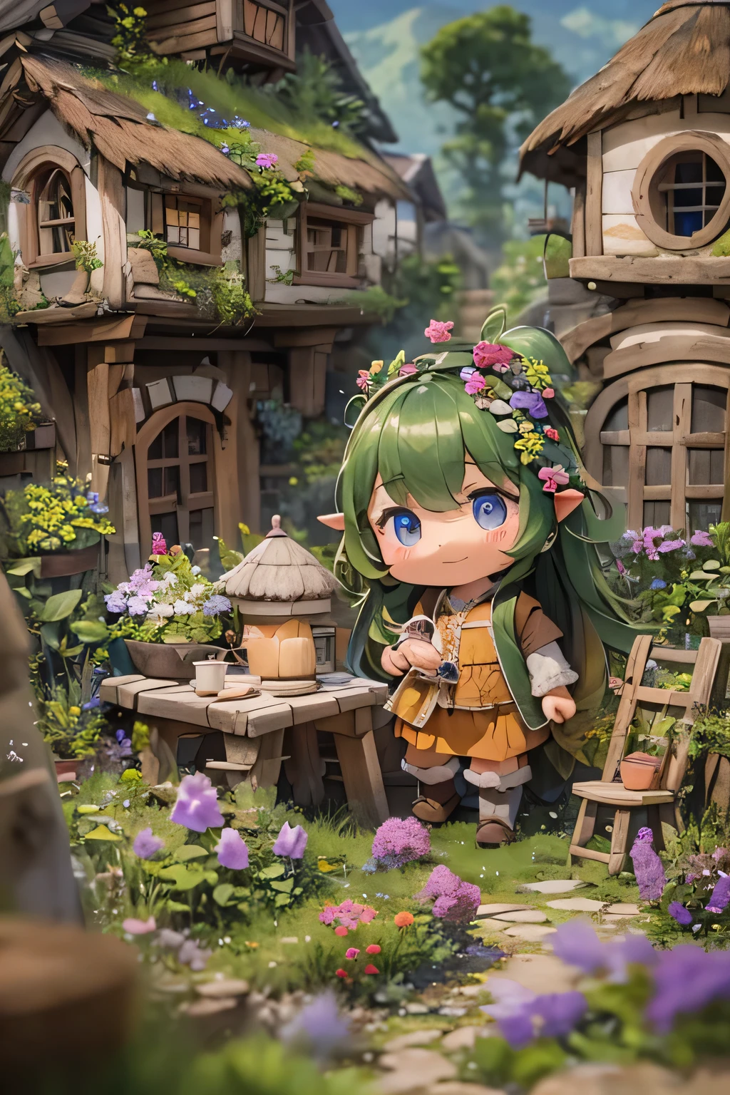 background////Little Hobbit Village. They live in houses that blend in with the soil and vegetation. character //(Hobbit kids play、Adults are busy preparing dinner:1.8）,effect///fluffy pastel colors.Thin brush,（XF 35mm F1.4R,F1.4,Maximum aperture (and.G. Photo),Become dull:1.5） rough, Detailed watercolor painting, Soft and wonderful, pastel, fluffy, (Very nice and beautiful), (Perfect detail)、(pastel color),Soft texture:1.2.(Tabletop, highest quality), (Beautiful, detailed eyes), (Detailed eyes and face),The colour is noticeably brighter.Faint and blurry outline,Unobtrusive lighting, Gloomy atmosphere,Subtle highlights