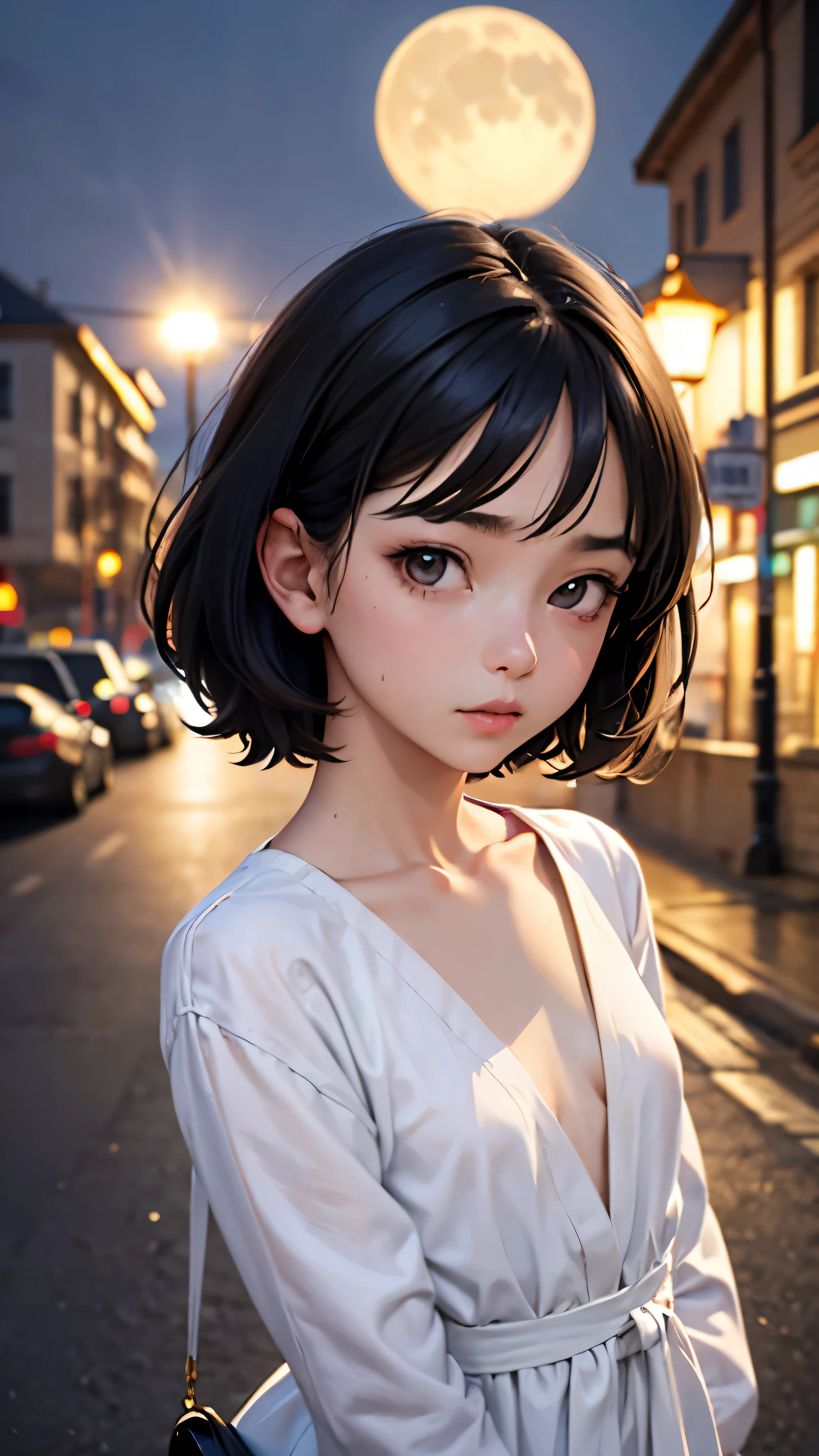 (Half Body Shot,Street lamp,moon),masterpiece, One girl, Solo Exhibitions, Beautiful woman with small breasts, Night beach, Beautiful Goddess Girl Portrait, Beautiful and elaborate face, Porcelain-like skin, (((Bust Shot, center, night, Black Hair, short hair)), Very soft lighting, Full Shot,Symmetric, complicated, grace, Attention to detail, realism, art, concept art,White clothes