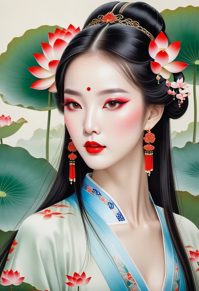 Chinese Fine Brushwork Painting,Draw a beautiful girl,Black long hair,Exquisite makeup,Red Eyeshadow,Red lips,lotus leaf,lotus,Clean background,Smooth lines,Outline the head with lines,Soft and elegant colors