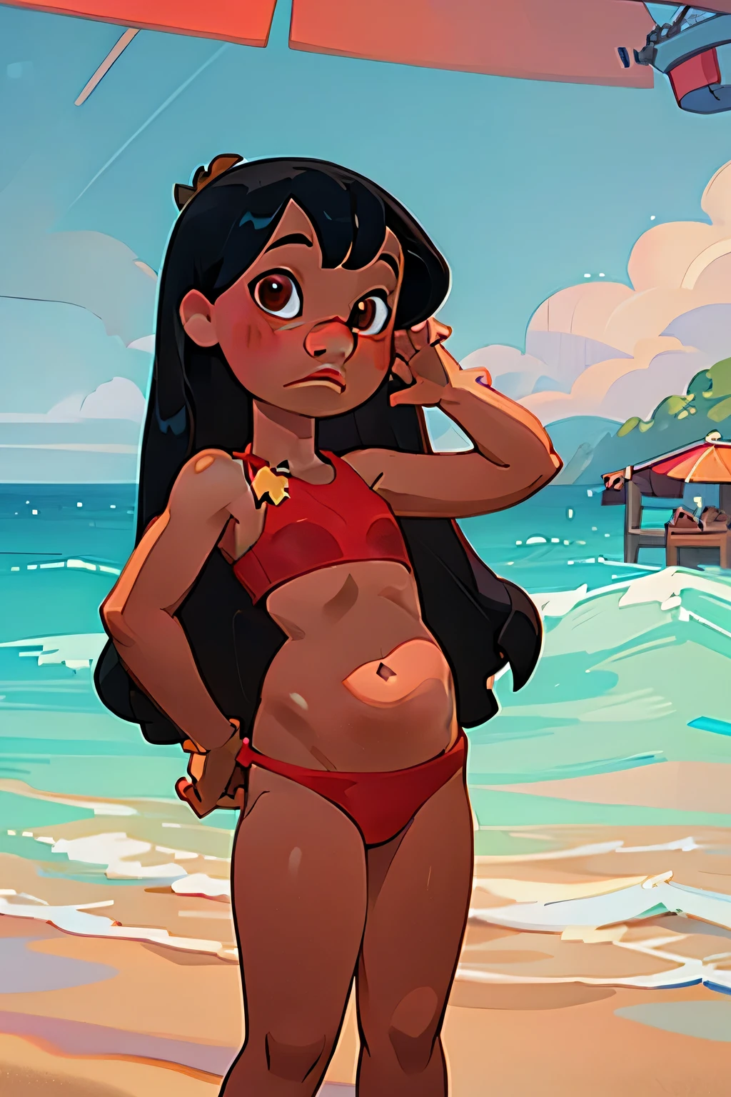 Lilo pelekai, lilo and stitch, long black hair, detailed eyes, high detail, masterpiece, 8k,  at the beach,, ( red bikini),, curvy body, 