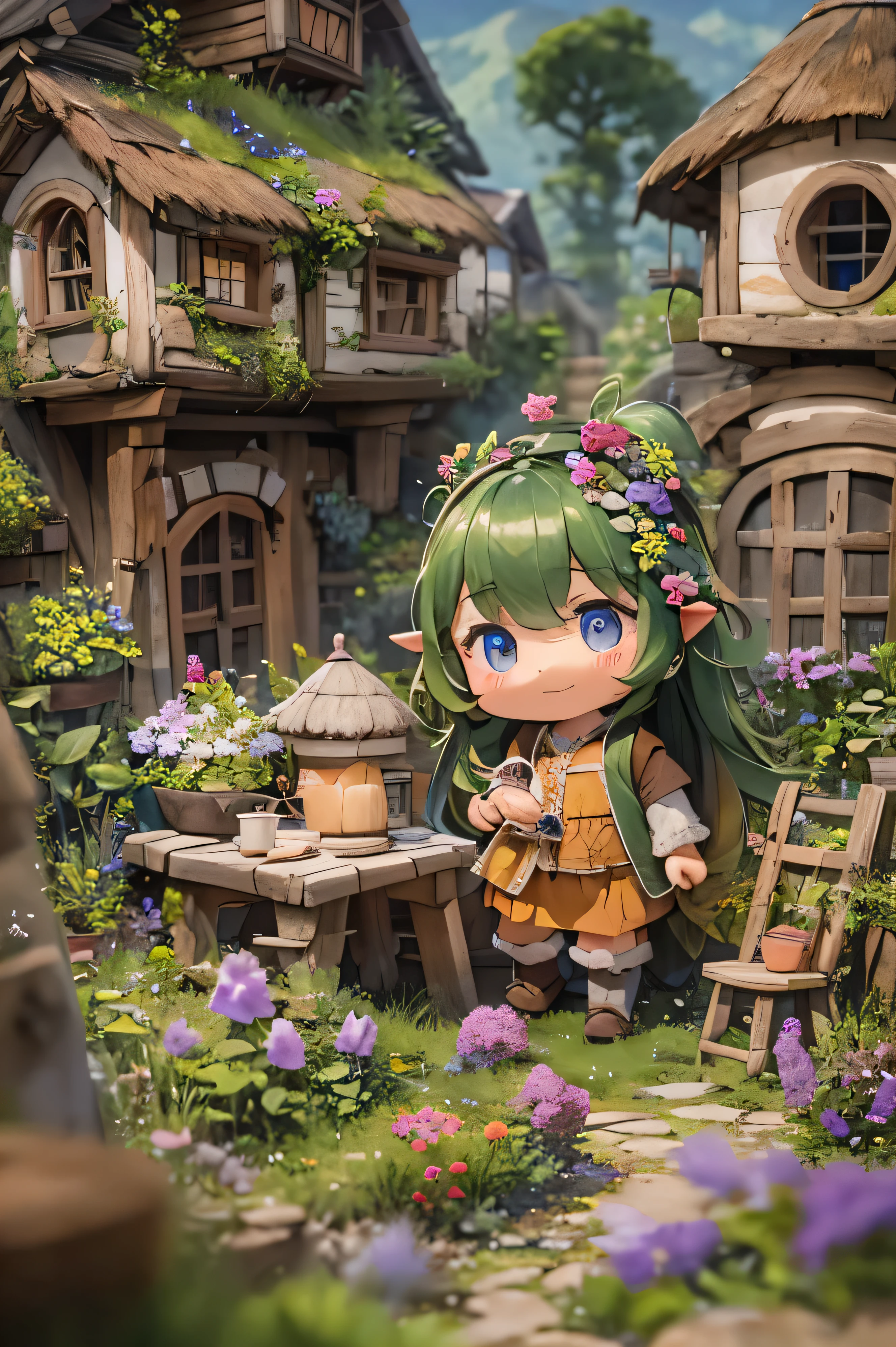 background////Little Hobbit Village. They live in houses that blend in with the soil and vegetation. character //(Hobbit kids play、Adults are busy preparing dinner:1.8）,effect///fluffy pastel colors.Thin brush,（XF 35mm F1.4R,F1.4,Maximum aperture (and.G. Photo),Become dull:1.5） rough, Detailed watercolor painting, Soft and wonderful, pastel, fluffy, (Very nice and beautiful), (Perfect detail)、(pastel color),Soft texture:1.2.(Tabletop, highest quality), (Beautiful, detailed eyes), (Detailed eyes and face),The colour is noticeably brighter.Faint and blurry outline,Unobtrusive lighting, Gloomy atmosphere,Subtle highlights