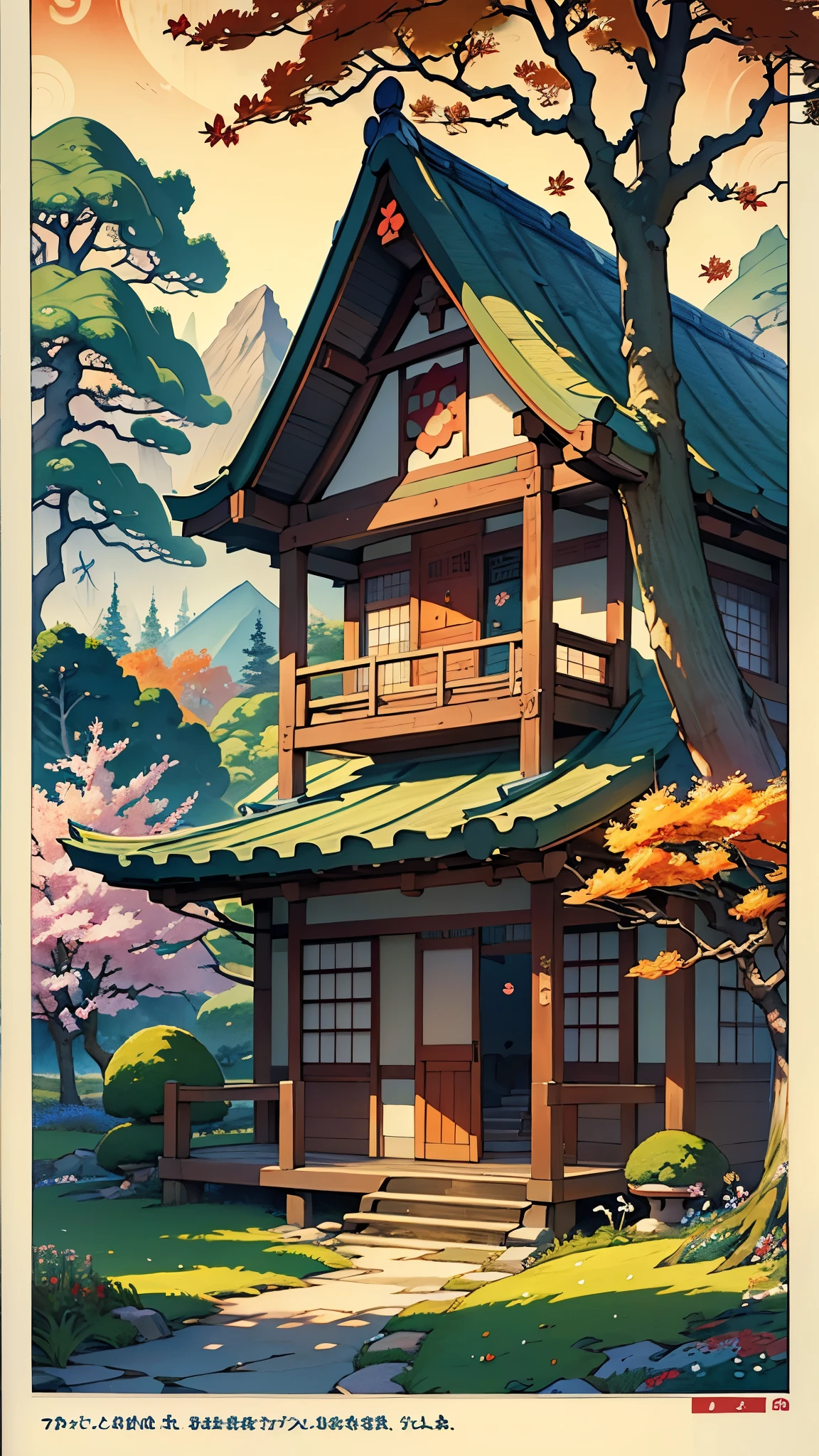 ((masterpiece)), ((best quality)), ((high detail)) illustration of a cozy fantasy cottage surrounded by a garden of colorful autumn flowers and trees, no humans, fantasy autumn, ukiyo-e style