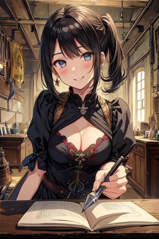 (fantasy:1.5),(anime,8k,masterpiece, top quality, best quality,beautiful and aesthetic:1.2,professional illustrasion:1.1,ultra detail:1.3,perfect lighting),extremely detailed,highest detailed,incredibly absurdres , highres, ultra detailed,intricate:1.6,(Alchemy Workshop:1.4),A girl mixing,Medicine in many small bottles,holding small potion,colorful:1.4,zentangle,(1girl),(girl),(Three kingdoms female warload),(highly detailed beautiful face and eyes,firm breasts),oily skin,((black,hair,short bob with short pony tail hair)),thin pubic hair,cute,lovely,34 years old,alchemist costume,Merchant's Clothing,smile,in the kitchen,smile,seductive weak smiling,(with sparkling eyes and a contagious smile),open mouth, Looking at Viewer,