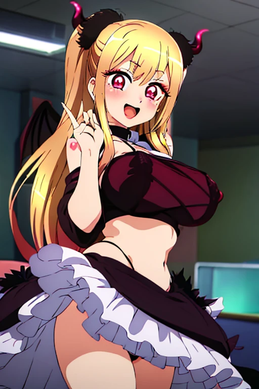 masterpiece, best quality, ultra-detailed, kawaii, cute, lovely, sexy, ero, extremely detailed, 4K, 8K, best quality, beautiful, anime style, in the classroom, a cute girl, latex bodysuit, beautiful eyes, large breast, ahegao ,sono bisque doll wa koi wo suru,kitagawa marin,blonde hair,long hair,red eyes,smile,naughty face,open mouth,seductive smile,medium large breasts, black choker,lift up skirt,sexy pose,seductive smile,heart-shaped pupils, demon, devil