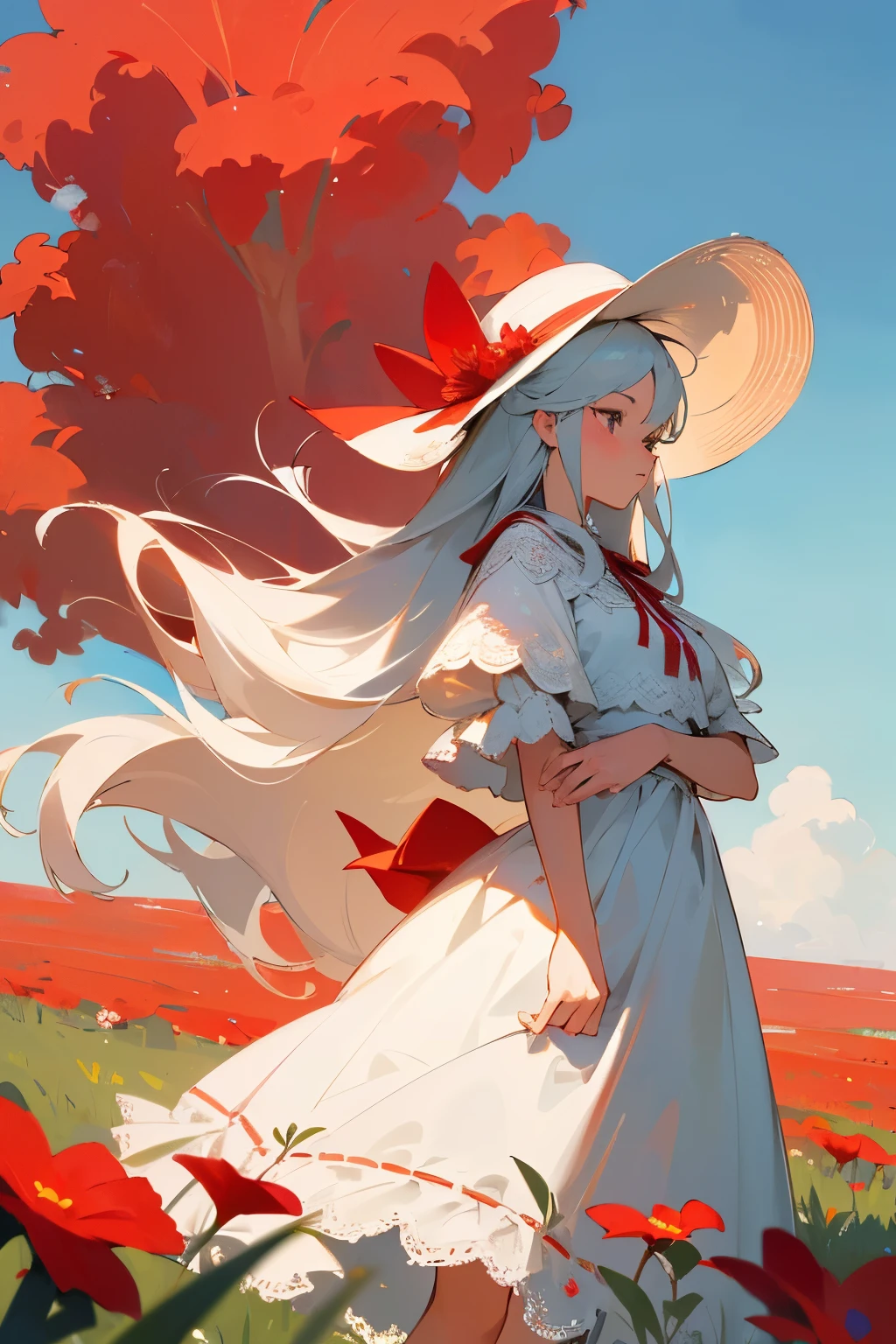 ((best quality)), ((masterpiece)), (detailed), perfect face. girl with long white hair blowing in the wind. she is standing on a grassy hill with many red flowers and is looking out to the side. blue sky with many white puffy clouds. she is wearing a large sunhat with red flowers. she is wearing a flowy white dress with lace.