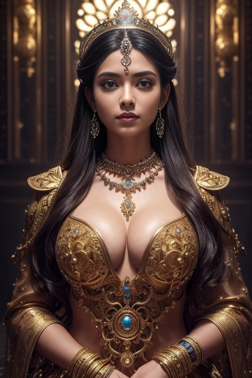 A meditation Goddes, detailed face, (extremely detailed intricate mechanical necklace and tiara on girls neck :1.2), made out of gold, made out of black steel, (shiny:1.1), lot of gears, glassy, (Lotus positioning meditation), intricate detail, best quality, natural lighting, blue sky and clouds in background, long messy hair, intricate clothing, golden gears clothing, grinning, tilted head, full body portrait, bright eyes, intricate hair, intricate clothing, puffed breasts, ample cleavage