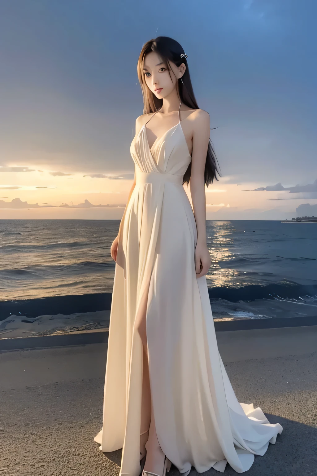 Japanese Girls、20-year-old、Light brown hair、Long Hair、Height: 170cm、Wearing heels、Cute adult face、Long legs、8 heads、wearing a light black evening dress、slender、Thin waist、In front of the Western-style mansion by the sea、Full body photo