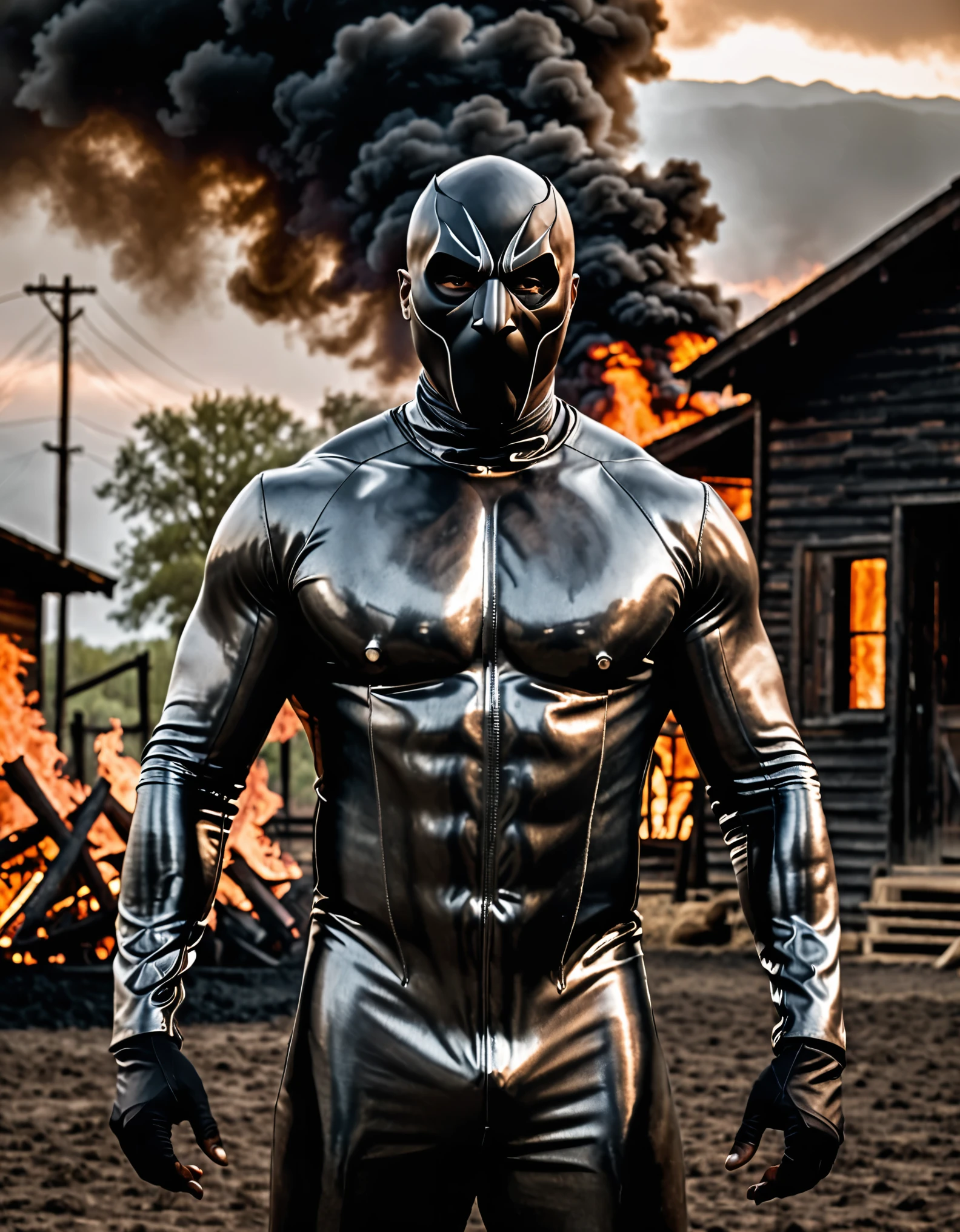 masterpiece, best quality, high res, 1man, male focus, bald, dark skin, full body, monochrome, muscular, solo, solo focus, standing, menacing stance, mask, dark grey metallic bodysuit, burnt village backdrop, villain, cowboy shot