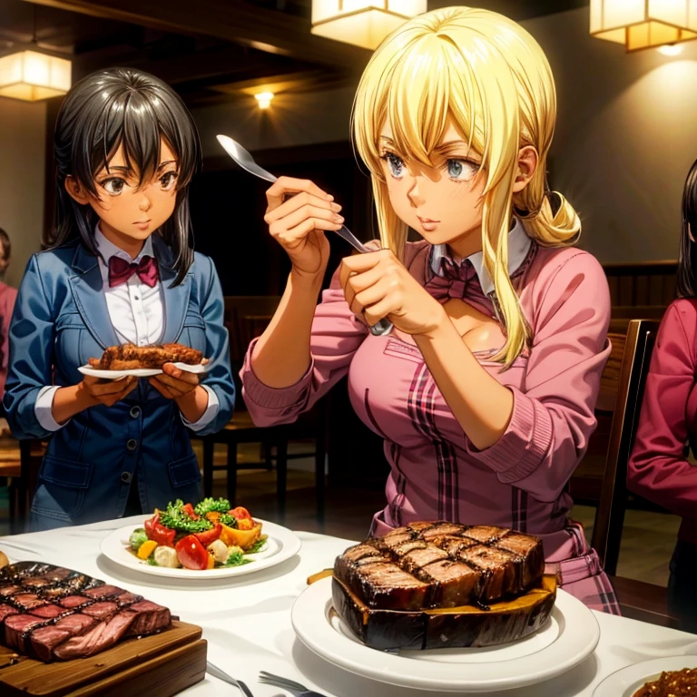 Girls eating steak at a steakhouse