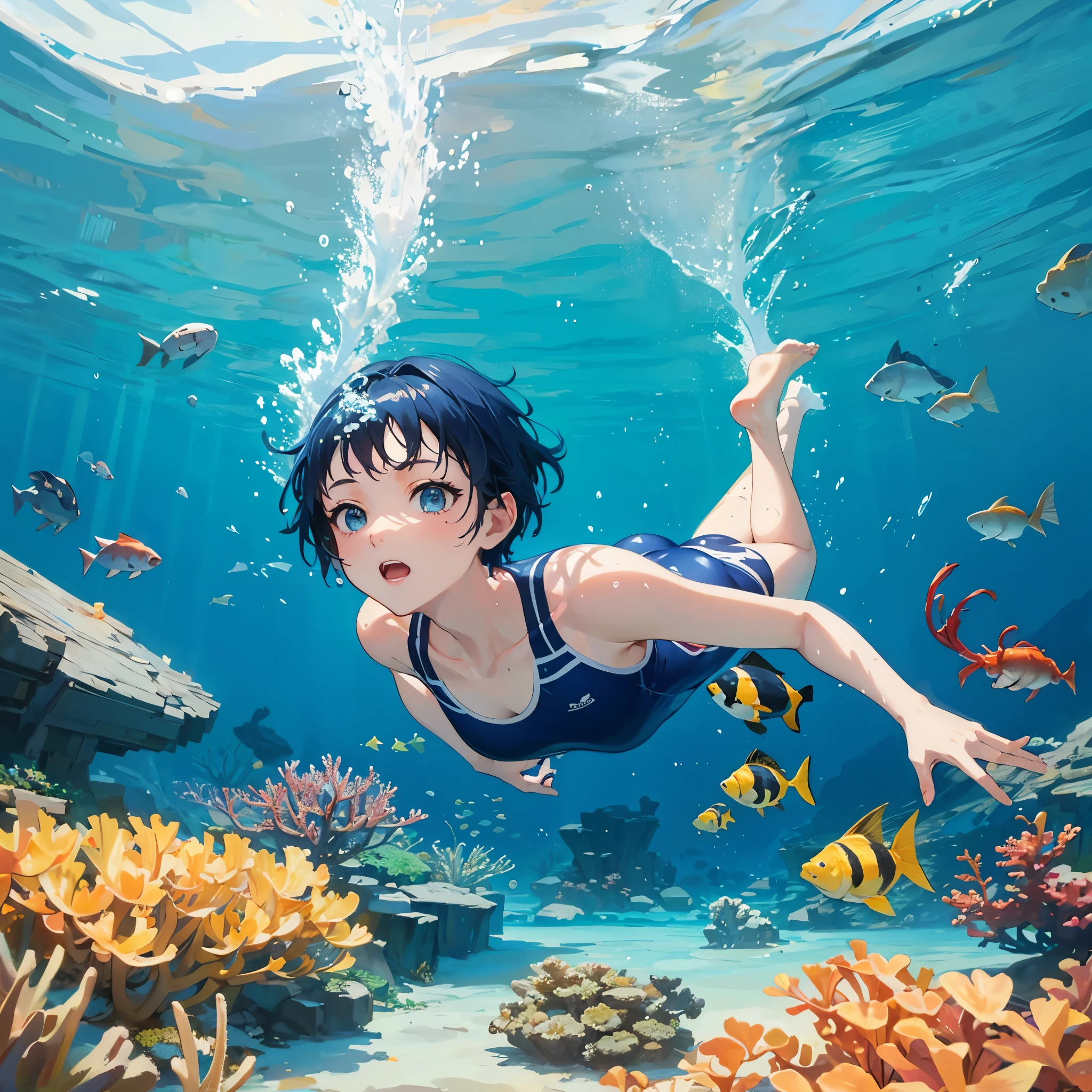 Top quality, masterpiece, 8K, barefoot, young woman breaststroke underwater, tons of small fish swimming around woman, coral and crabs, blue school swimsuit worn, short blue hair, oblique angle