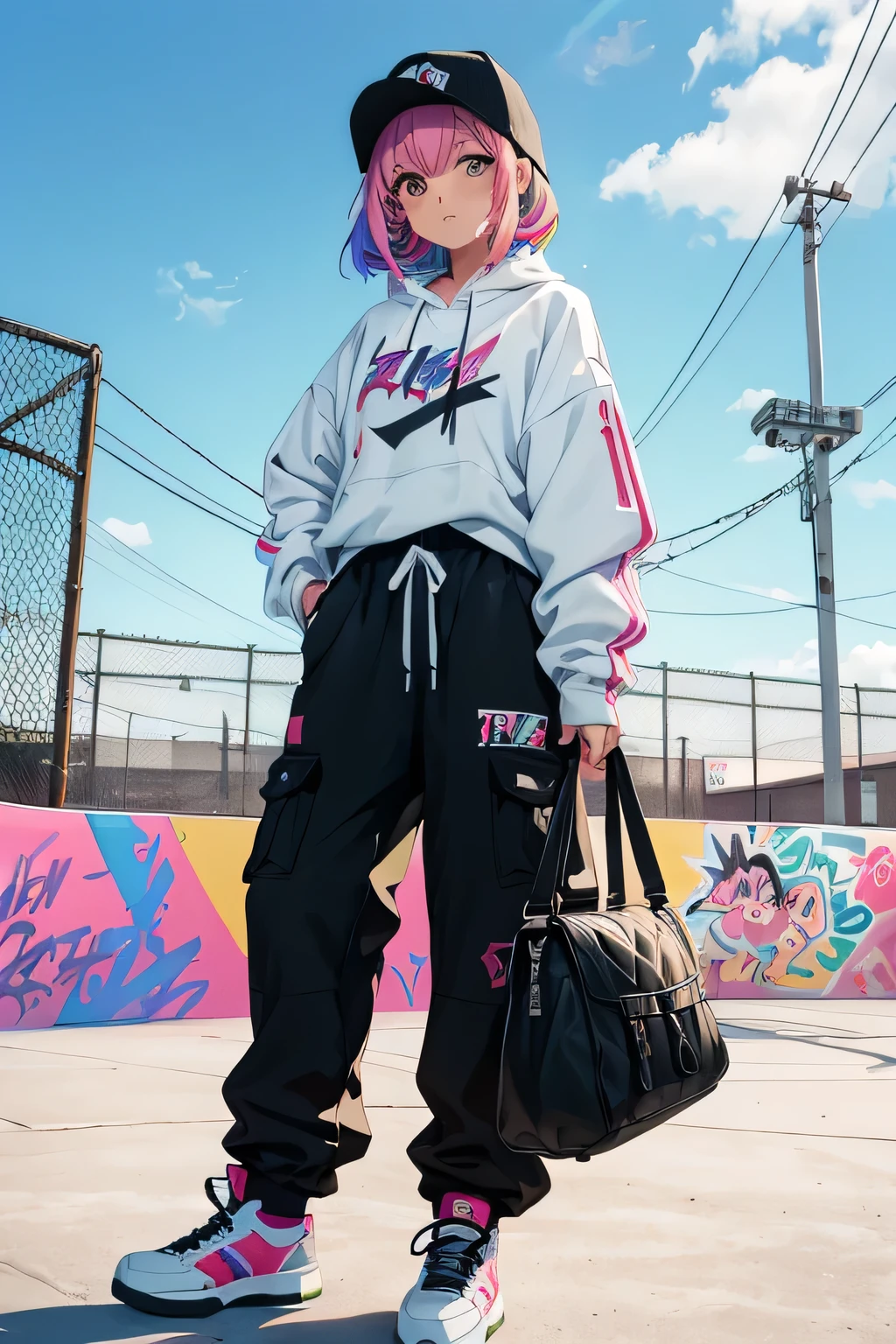 (((best qualityer))), (((absurdres))), (((1girl))), (((Urban girl))), (((malicious smile))), a beautiful and sexy girl with multi-colored hair wearing ultra modern clothes with kanjis printed on her nylon jacket with diamond-shaped stitching, (((slim with fitness body))), bright and contrasting colors, Hip-hop style low-waisted wide-leg pants with panty straps showing, stylish Beanies with vertical seams, Brand logo, hip-hop gold neck chains, padlock, buttons with Japanese art, multi colored hair and futuristic modern cut, with your hand in your pocket, in the background buildings and walls with colorful graffiti, under boob