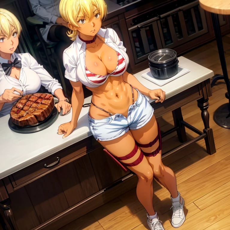 Blonde girl eating steak at steakhouse　Wearing sneakers　High leg shorts with suspenders　Large 　Showing her belly button　Ultra low rise　Knee-high socks　　　Belt on 