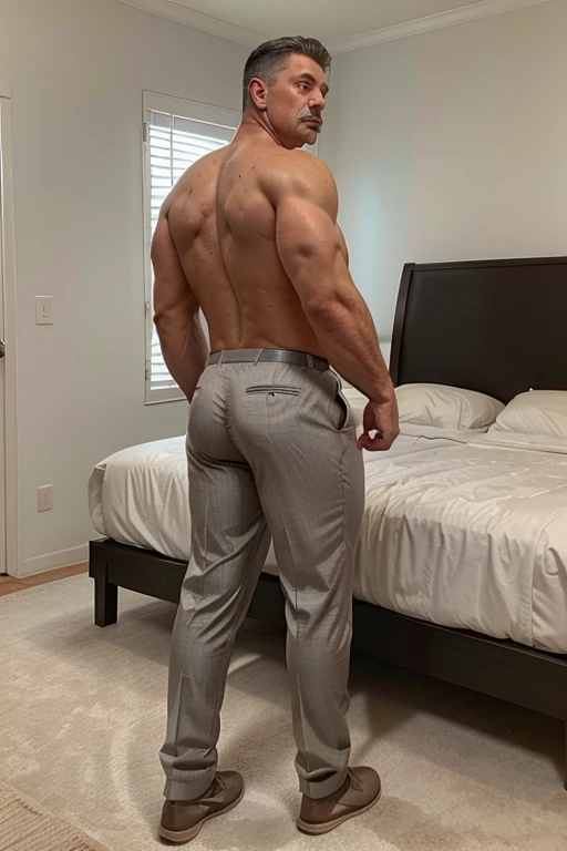 He's a big boy with Short gray hair, calm golden eyes, He has short mustache. + He is in his fifties. Full body. Big muscular body, Big butt, Muscular legs, shirtless. Formal manly clothes backside