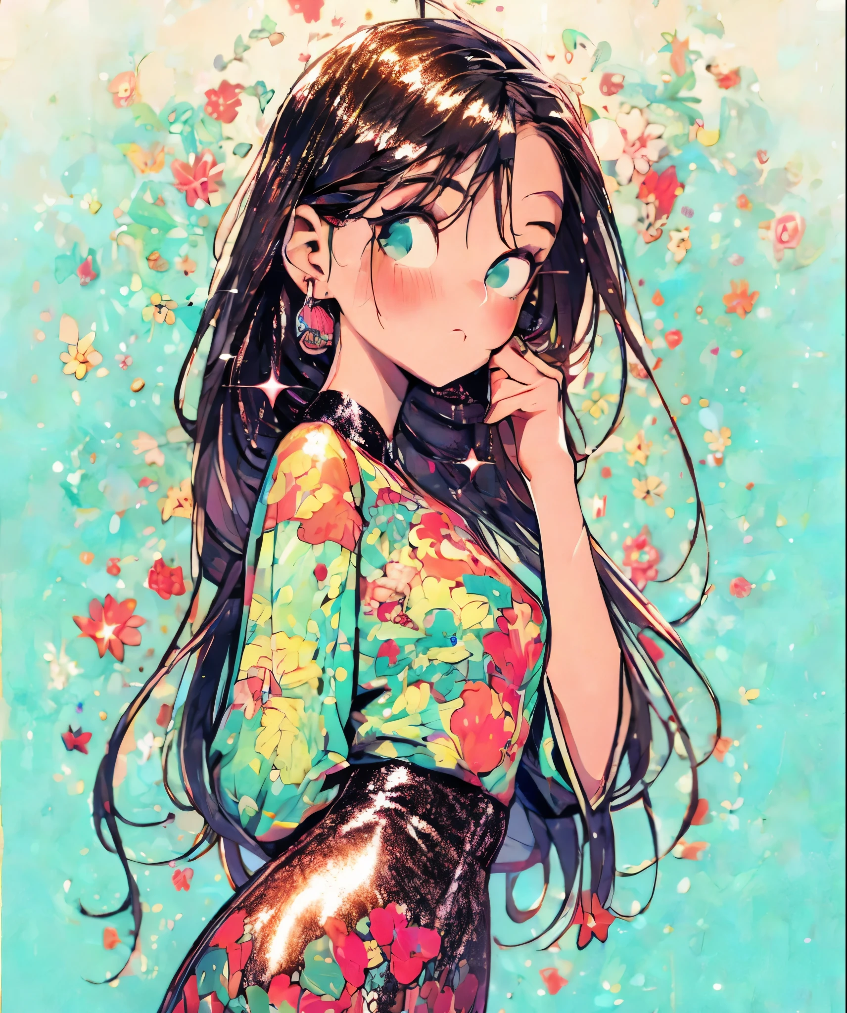 (risograph) simple background, upper body, ((sequin clothes)), minimalistic background
