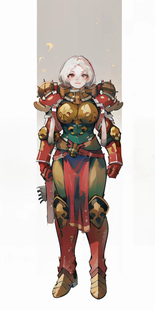 (masterpiece, best quality, 4k, 1girlsolo, 1MILF, mmplatz, smile, red cheeks, plain background:1.2), perfect face, perfect lighting, mature whsororitas with gloves red gauntlets in her hands like Cammy White from Street Fighter, bob white hair, warhammer 40k power armor suit, red eyes like rubies, full body armor, view from below, looking to the viewer