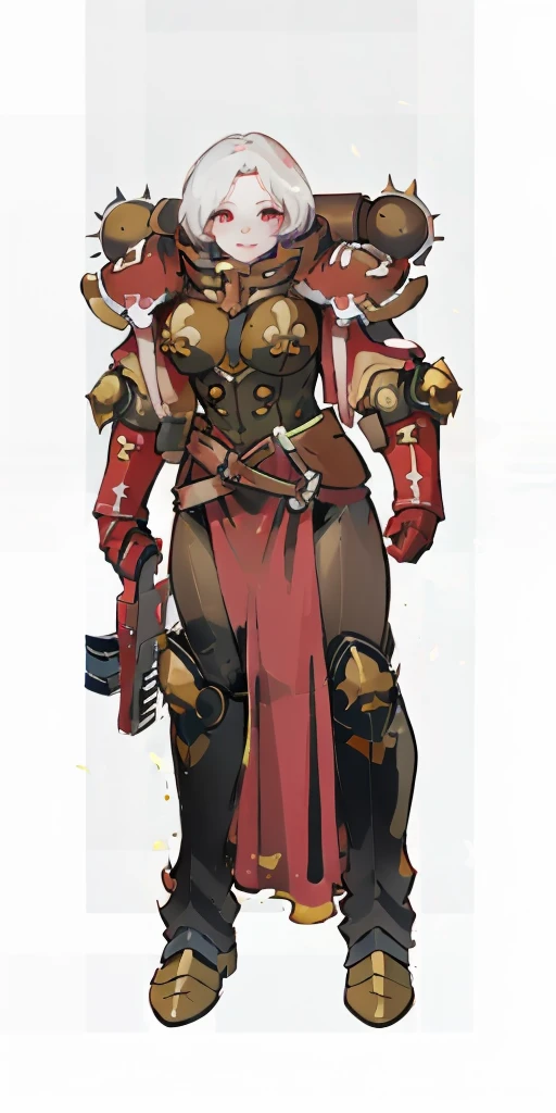 (masterpiece, best quality, 4k, 1girlsolo, 1MILF, mmplatz, smile, red cheeks, plain background:1.2), perfect face, perfect lighting, mature whsororitas with gloves red gauntlets in her hands like Cammy White from Street Fighter, bob white hair, warhammer 40k power armor suit, red eyes like rubies, full body armor, view from below, looking to the viewer