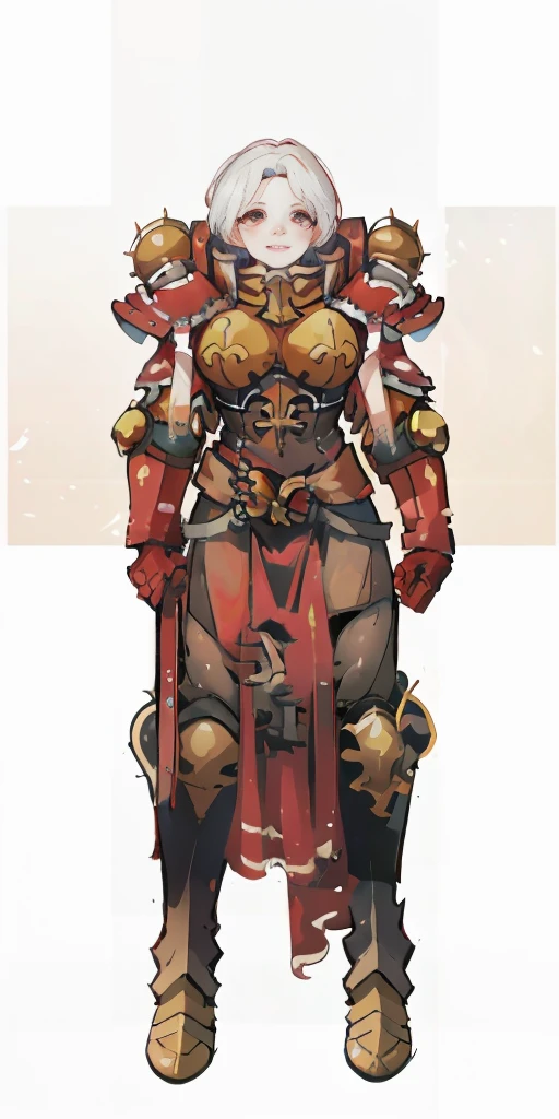 (masterpiece, best quality, 4k, 1girlsolo, 1MILF, mmplatz, smile, red cheeks, plain background:1.2), perfect face, perfect lighting, mature whsororitas with gloves red gauntlets in her hands like Cammy White from Street Fighter, bob white hair, warhammer 40k power armor suit, red eyes like rubies, full body armor, view from below, looking to the viewer