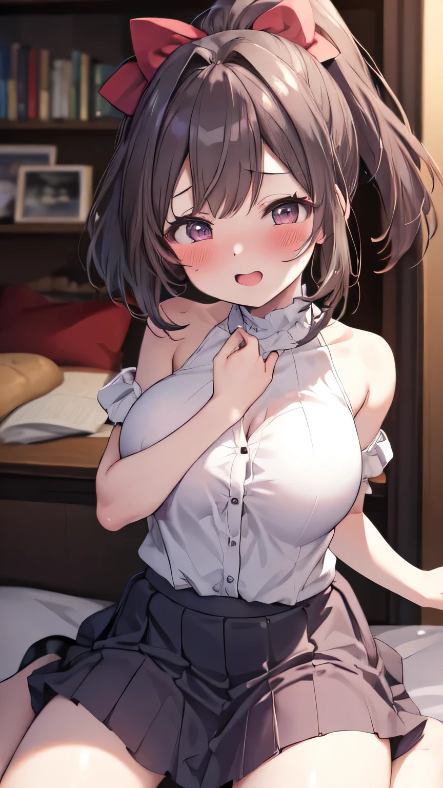 Very detailed、(8k, RAW Photos, highest quality, masterpiece:1.2), (Very detailed 8k wallpaper),shape、Professional Lighting,Sharp focus, Written boundary depth、
Browsing Caution、Clear Eyes、Perfect Anatomy、pretty girl、Cute girl、、High Ponytail、Big Breasts、(blush:1.5)、Open Mouth、、(Micro Mini Skirt:1.2)、Looking up、(wariza:1.3)、From above、