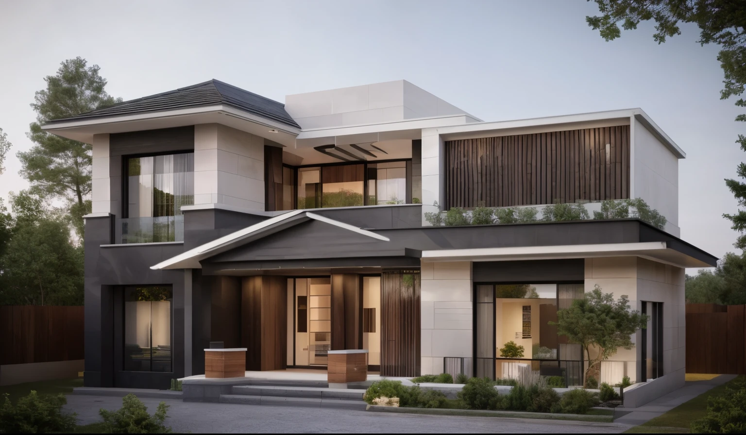 (masterpiece),(high quality), best quality, real,(realistic), super detailed, (full detail),(4k),8k,modern house exterior design,Modern architecture,Sandstone,whitewall,Beautiful_sky,Day light, no_humans, outdoors,sky,tree,Garden flower front of building,