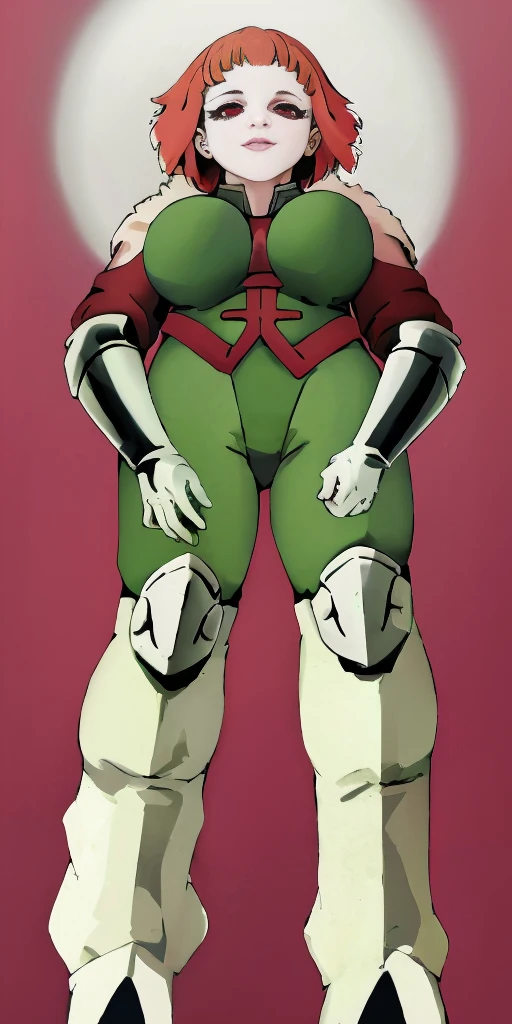 A tall, sexy, kind, good-natured Russian Soviet military girl with large breasts, happy, long, straight, soft red hair, brown eyes, pink lips, wearing a green metallic top with a black patch on her chest, a yellow waist ribbon, and large green metallic trousers, sensual thighs, large yellow boots, wearing a black Soviet winter cap, sex, anus, uterus, love, relationship, bed