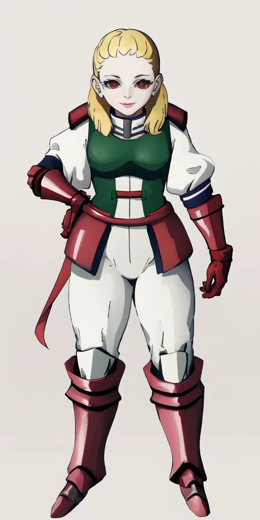 (masterpiece, best quality, 4k, 1girlsolo, 1MILF, mmplatz, smile, red cheeks, plain background:1.2), perfect face, perfect lighting, mature whsororitas with gloves red gauntlets in her hands like Cammy White from Street Fighter, bob white hair, warhammer 40k power armor suit, red eyes like rubies, full body armor, view from below, looking to the viewer