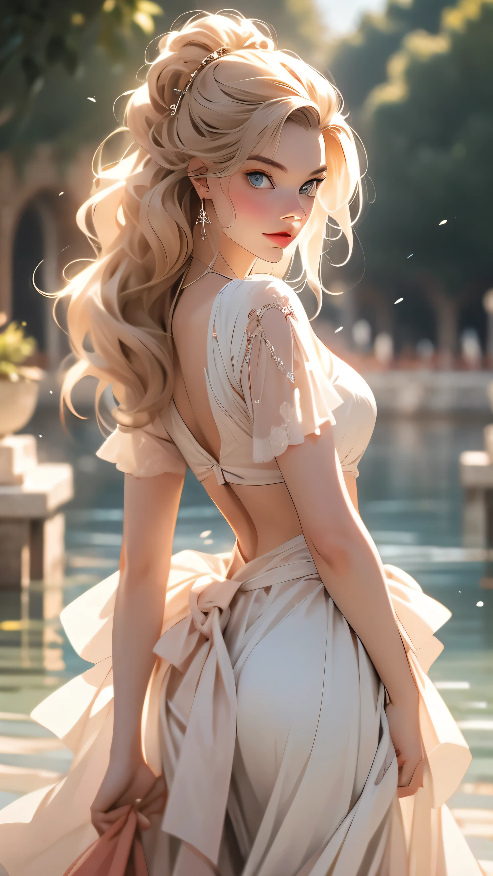 A woman with Margot Robbie's face, bikini,highest quality, Very detailed, 1 girl, alone, Redhead, Long braided hair, Golden Eyes, bangs, Naked Women,Very small pointy breasts, White bikini swimsuit, Looks lewd,, (bad: 1.2),Exposing breasts, Looking at the audience,Spread your legs, (Face to face: 1.3), (Dark Background, rock: 1.3), Full Shot, Crisp contrast, Beautiful fine details,,White panties,High heels,,,I can see your underwear,