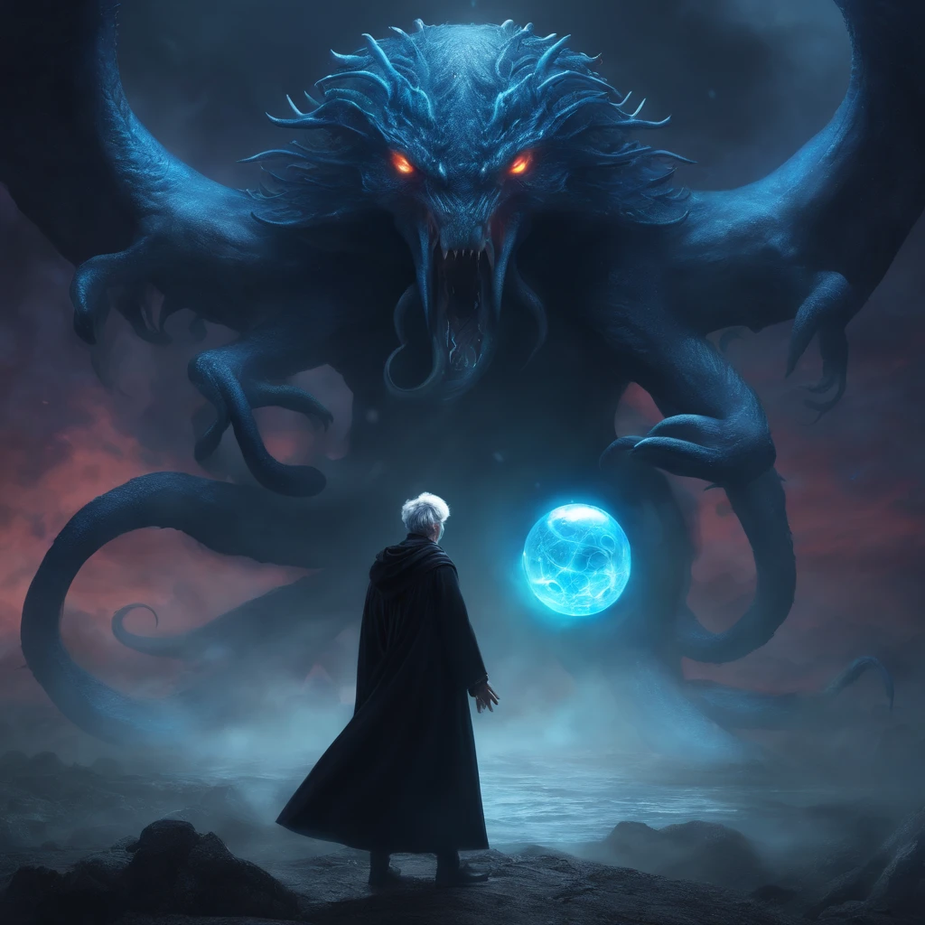 A young male wizard with grey short hair wearing black clothes from behind casting a blue ball aura to a Monster with several heads and tentacles with big fang