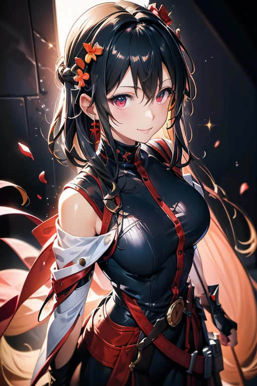 Anime style beutiful woman, 1girl,fullbody, happy, (with sparkling eyes and a contagious smile:1.2), red face, closed mouth, beautiful detailed eyes, super detailed skin, backlighting, bare shoulders, black background, black dress, black gloves, black hair, breasts, dress, earrings, fingerless gloves, floating hair, floral print, flower, gloves, gold earrings, gold hairband, hair flower, hair ornament, hairband, holding, holding weapon, jewelry, large breasts, long hair, looking at viewer, off-shoulder dress, off shoulder,red eyes, short hair with long locks, sidelocks, solo, spikes, thighs, two-sided dress, two-sided fabric, weapon, fighting stance , face, close up, from above, highest quality, high resolution,Real World, Natural light,perfect Natural light,looking at viewer,