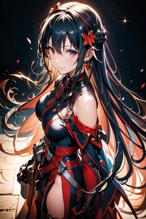 Anime style beutiful woman, 1girl,fullbody, happy, (with sparkling eyes and a contagious smile:1.2), red face, closed mouth, beautiful detailed eyes, super detailed skin, backlighting, bare shoulders, black background, black dress, black gloves, black hair, breasts, dress, earrings, fingerless gloves, floating hair, floral print, flower, gloves, gold earrings, gold hairband, hair flower, hair ornament, hairband, holding, holding weapon, jewelry, large breasts, long hair, looking at viewer, off-shoulder dress, off shoulder,red eyes, short hair with long locks, sidelocks, solo, spikes, thighs, two-sided dress, two-sided fabric, weapon, fighting stance , face, close up, from above, highest quality, high resolution,Real World, Natural light,perfect Natural light,looking at viewer,