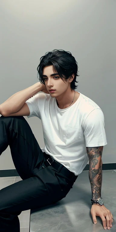 Draw still boy, de ojos negro,cabello largo negro y que lo tenga amarrado en media cola, piel blanca como la nieve, tatuaje en el brazo y en el cuello, lunar en el cuello y debajo del ojo derecho, camisa blanca, Formal black pants, botas, que este mirando al espectador.
