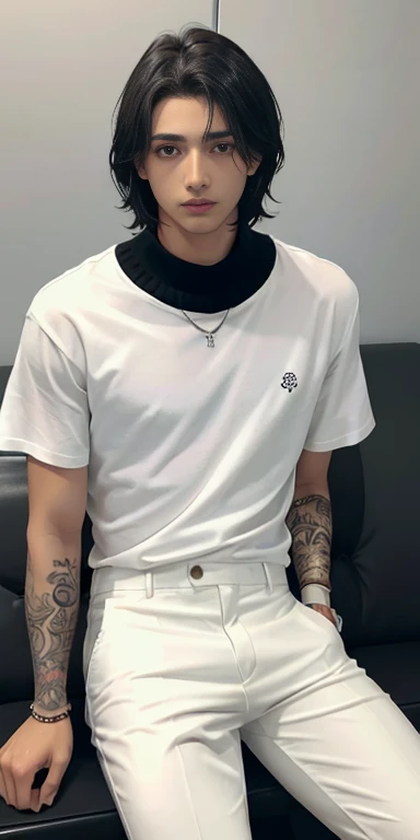 Draw still boy, de ojos negro,cabello largo negro y que lo tenga amarrado en media cola, piel blanca como la nieve, tatuaje en el brazo y en el cuello, lunar en el cuello y debajo del ojo derecho, camisa blanca, Formal black pants, botas, que este mirando al espectador.